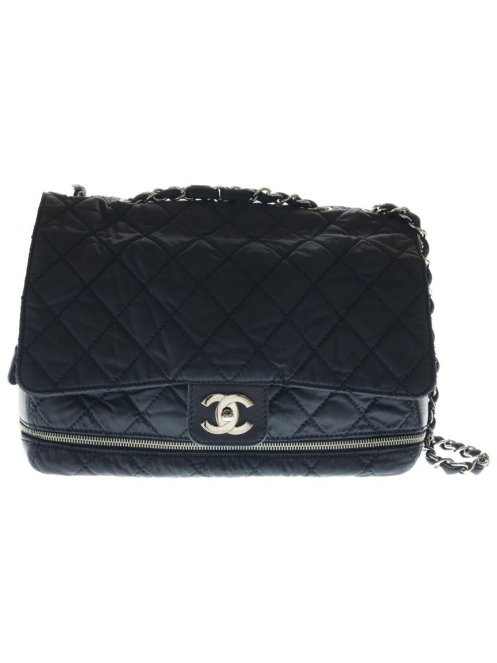Chanel Quilted Double Chain Zip Around Handbag Bag Black Nylon Leather Silver
